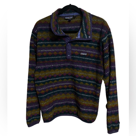 Patagonia | Vintage 90s Aztec Diamond Purple Green Synchilla Pullover Sz S - Picture 1 of 8
